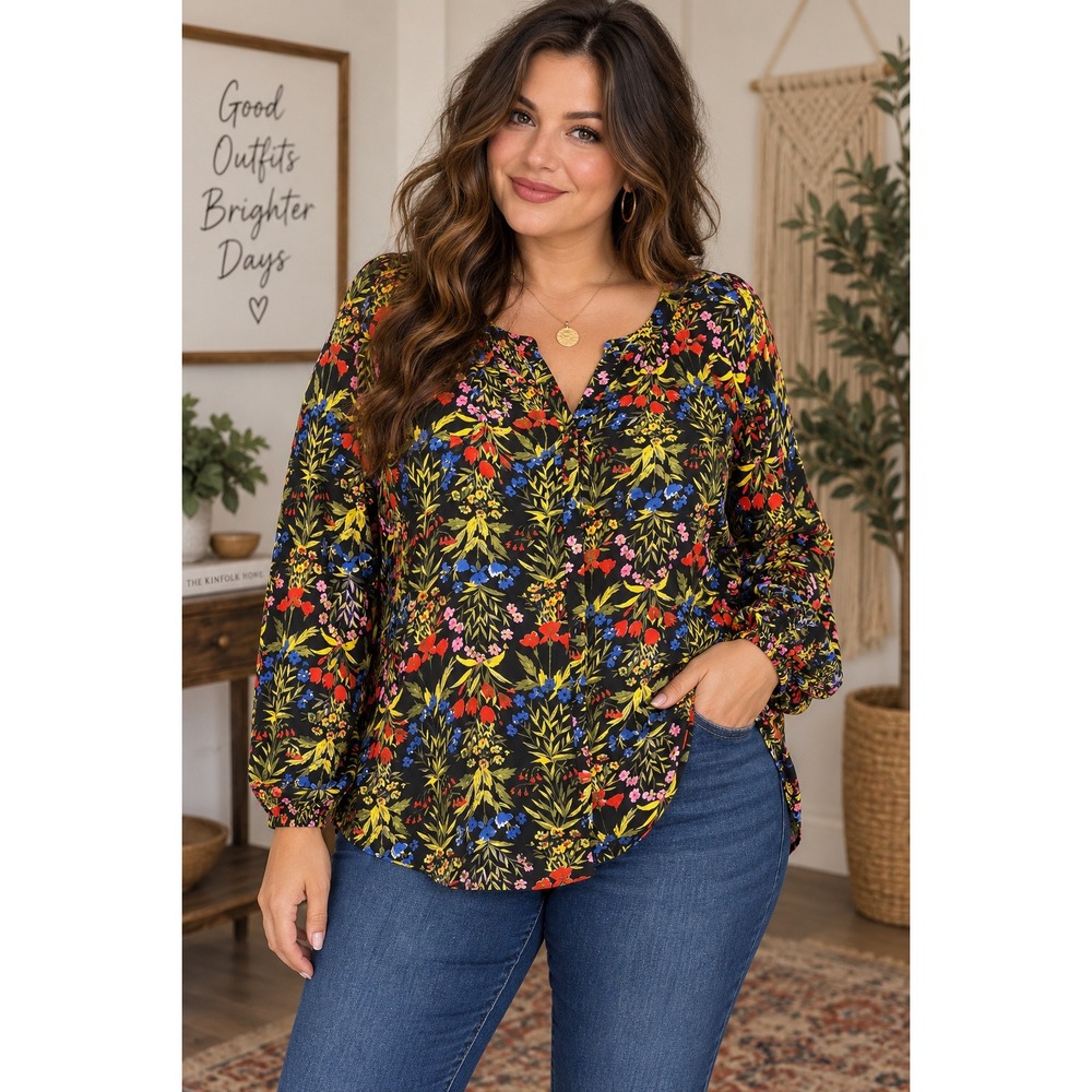 Boho Cottagecore Floral Wallpaper Print Tunic Blouse Old Navy XXL Rayon Popover